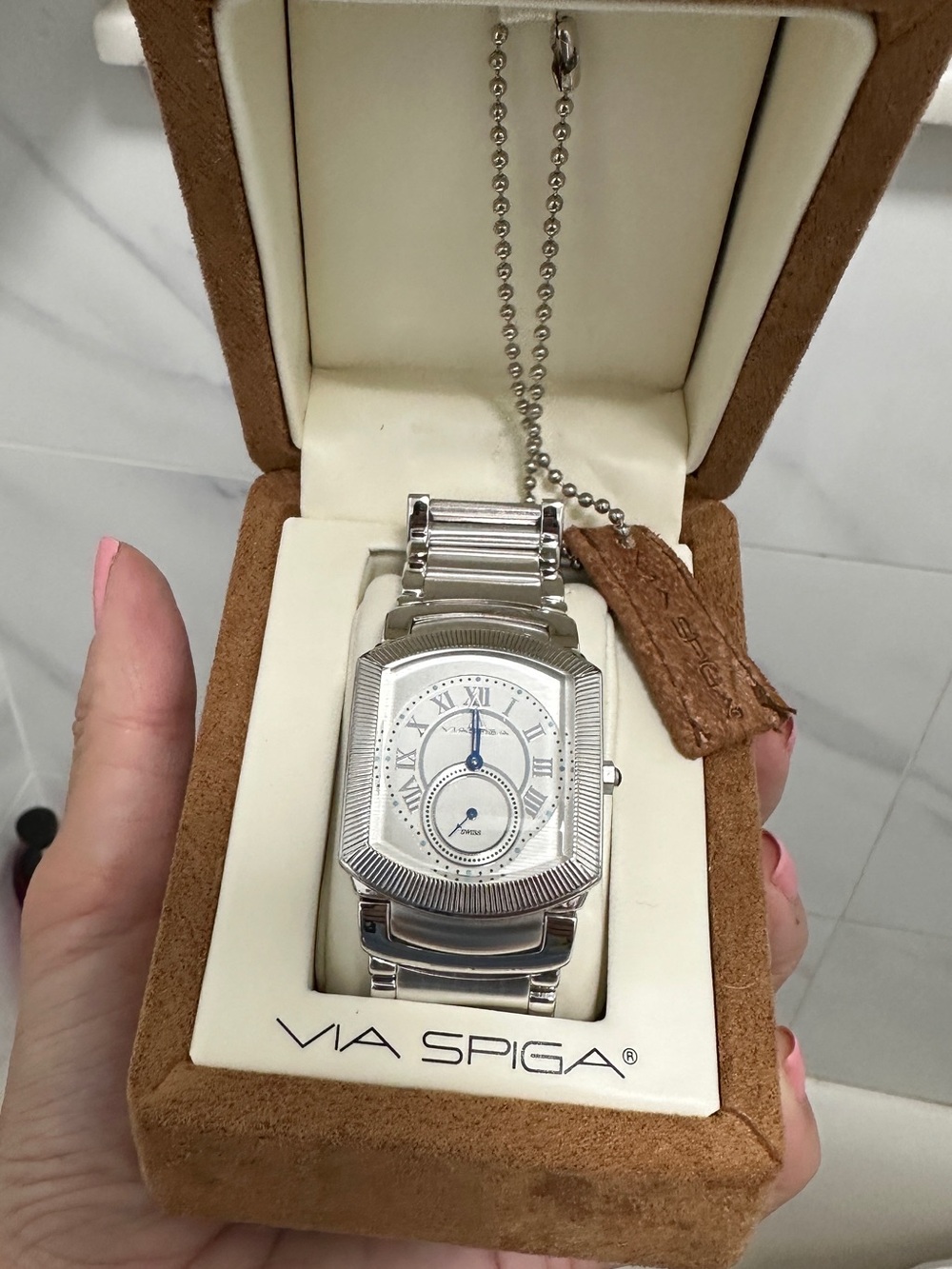 🆕NIB Via Spiga Silver Stainless Steel Rectangular Watch with Blue Hands